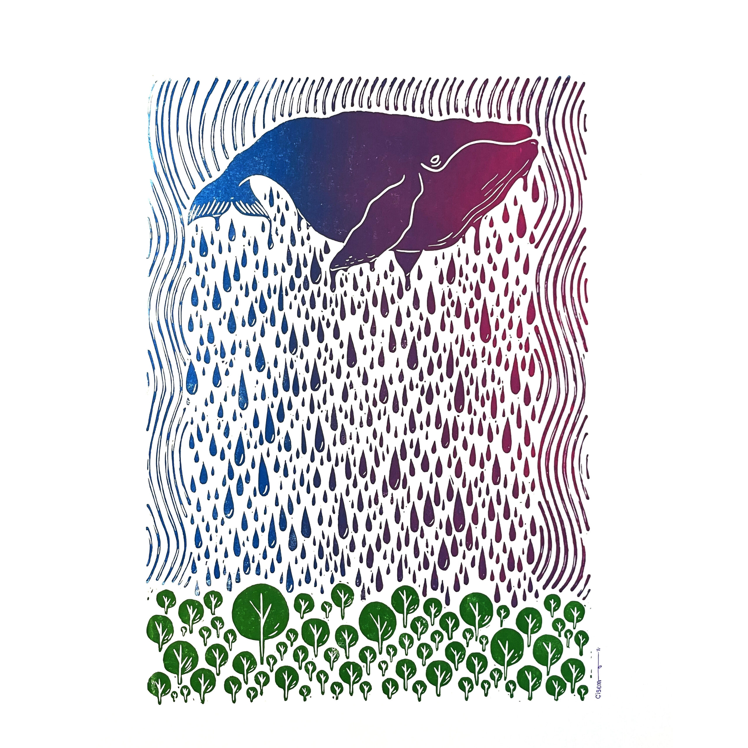 "The Rain" Original hand-carved linocut print